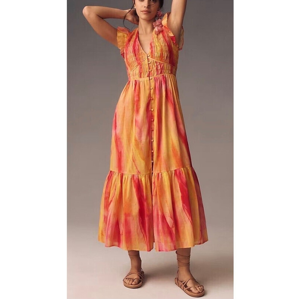 Anthropologie Yellow and Pink Watercolor Maxi Dress